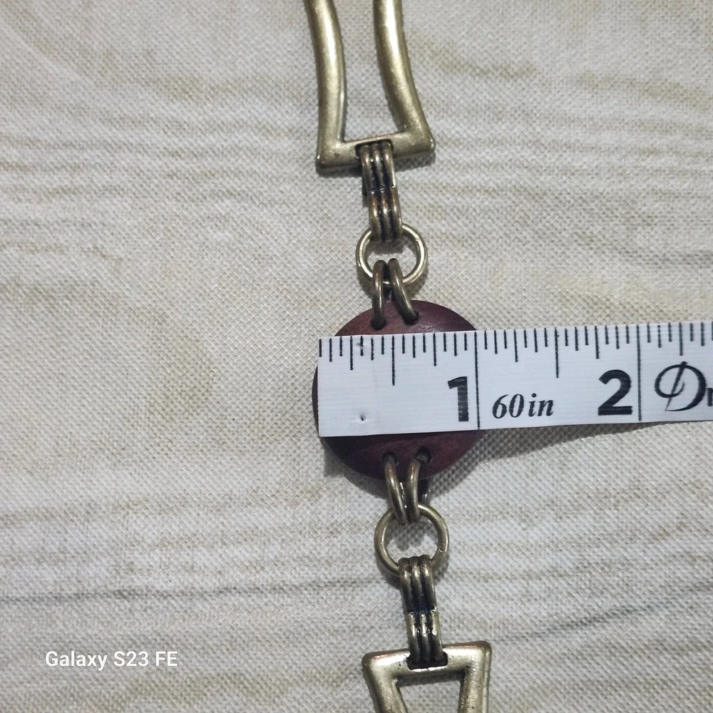 Vtg Y2K Brass Chain Link Hip Belt Womens OS Brown Wood Disc Boho Whimsygoth